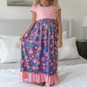 Kids Purple Blue Floral & Check Ruffle Lounge Gown Multi